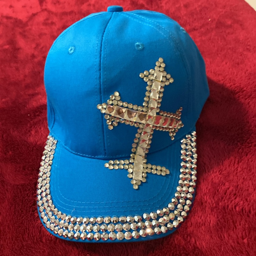 SS Something Special Cross Faux Crystal Rhinestone Embellish Blue Cotton Ballcap